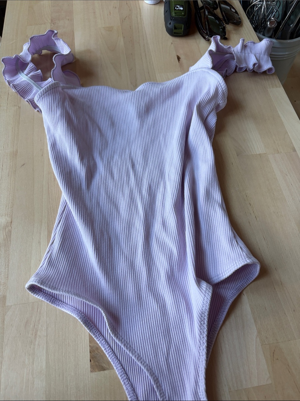 Francesca's Collections Light Lavender Ribbed Ruffle-Strap Bodysuit